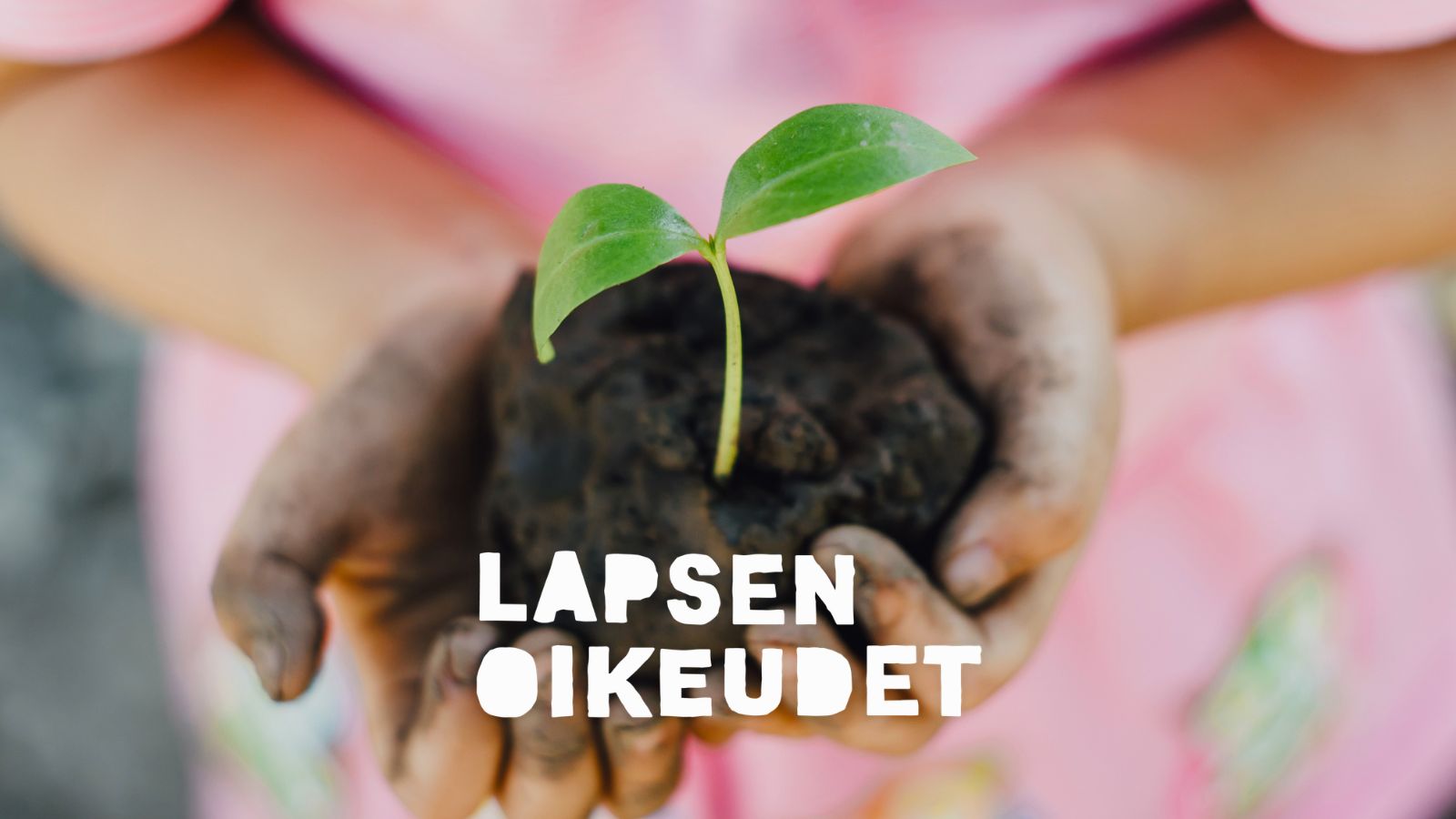 Lapsi pitää multaisissa käsissään pientä kasvin taimea.